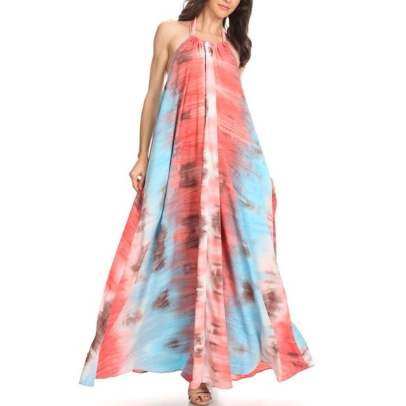 Dresses & Skirts - Aqua Orange Tie Dye Boho Halter Maxi Dress